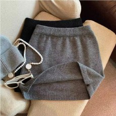 灰色针织半身裙女秋冬季a字包臀半裙格雷系miu里miu气羊毛短裙子