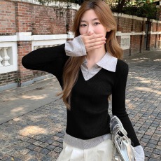 批发学院风POLO领针织衫女<b class='q'>长袖</b>2025秋季修身显瘦内搭翻领打底衫上衣潮