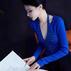 批发<b class='q'>轻熟</b>V领条纹长袖针织衫女秋冬修身假两件羊毛衫气质百搭显瘦上衣