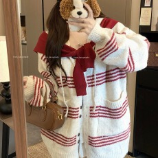 批发韩系秋冬季慵懒风撞色条纹毛衣开衫外套女宽松休闲连帽针织衫上衣