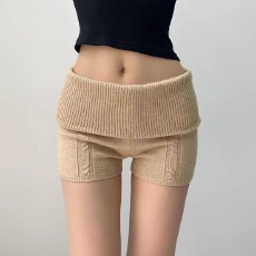 批发2026年春季新款纯欲风小个子翻边腰麻花针织紧身短<b class='q'>裤</b>包臀显瘦热<b class='q'>裤</b>