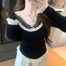 批发蕾丝拼接u领针织衫女春季打底毛衣内搭小个子甜美风收腰长袖上衣