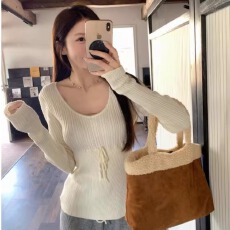 批发温柔风粉色v领长袖针织衫女春季抽绳修身打底衫韩系chic内搭上衣