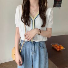 批发2026夏季新款韩版V领短袖百搭针织衫女宽松休闲显瘦短款镂空上衣