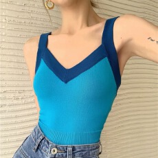 批发2026年夏季新款港风V领低胸修身显瘦拼色针织吊带背心女