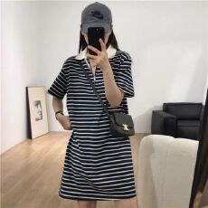 批发韩版polo领连衣裙夏季宽松百搭显瘦休闲拼色条纹短袖甜美a字裙子
