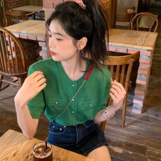批发2026夏季新款小香风复古绿色针织开衫圆领宽松百搭短款短袖女上衣