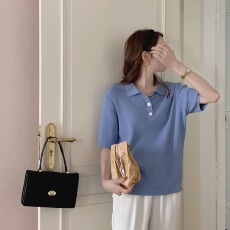 批发蓝色温柔风宽松polo翻领短袖针织衫女2026夏季韩版百搭T恤上衣薄