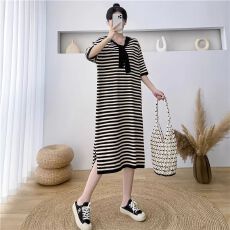 批发条纹宽松设计感小众连帽直筒中长裙女2026夏季洋气时尚针织连衣裙