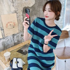 批发条纹短袖T恤裙连衣裙女夏2026新款韩版宽松学生休闲时尚长款裙子