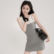 批发纯欲辣妹性感假两件撞色弹力针织背心连衣裙女夏季小个子收腰裙子