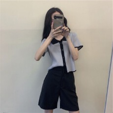 批发法式polo领短袖女t恤夏薄冰丝针织小<b class='q'>开衫</b>设计感小众短款上衣学生