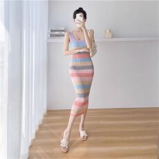 批发针织无袖条纹背心连衣裙夏季新款法式小个子显瘦气质长款修身时尚