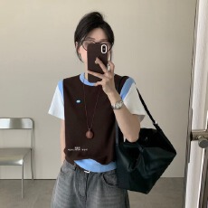 批发2026年夏季韩系拼接假两件休闲短袖针织上衣女宽松显瘦通勤<b class='q'>打底衫</b>