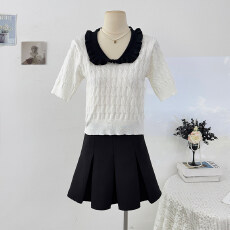 批发日系学院风撞色娃娃领短袖<b class='q'>针织衫</b>女夏季2026小众减龄修身显瘦上衣