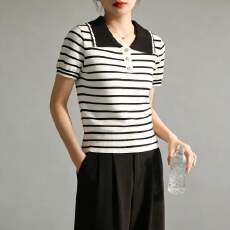 批发学院风条纹polo领针织短袖女2026夏季打底衫修身显瘦甜美减龄上衣