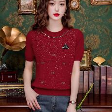 批发镶钻短袖<b class='q'>针织衫</b>女百搭2026年春夏新款内搭显瘦短款上衣时尚带钻