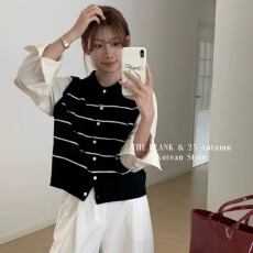 批发2026年新款春夏韩系假两件条纹拼接衬衣袖百搭时尚针织<b class='q'>开衫</b>女