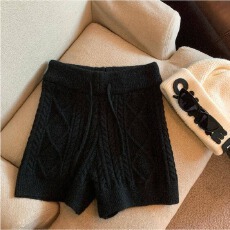 批发黑色针织麻花系带短裤女装2026春季欧货外穿休闲打底高腰运动裤子