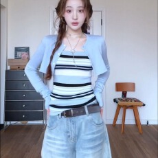 批发2026年春季两件套新款韩系氛围感套装女洋气<b class='q'>条纹</b>吊带时尚长袖开衫