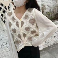 批发复古蕾丝钩花小众针织开衫女<b class='q'>韩版</b>拼接<b class='q'>雪纺</b>袖上衣薄款短款长袖小衫