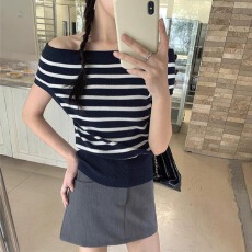 批发2026夏季新款字肩针织<b class='q'>打底衫</b>背心短袖T恤女显瘦温柔撞色<b class='q'>条纹</b>气质