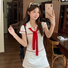 批发2026夏黄色学院风撞色披肩polo领针织上衣<b class='q'>女</b>韩系修身百搭短袖t恤