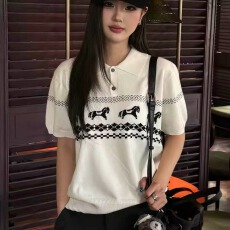 批发小马费尔岛提花翻领<b class='q'>针织衫</b>短袖<b class='q'>男</b>女夏季潮牌老钱风polo领上衣TEE