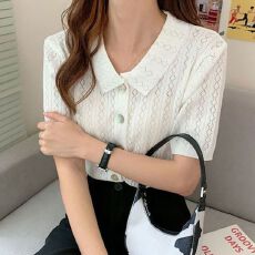批发2026夏季新款复古翻领上衣女时尚<b class='q'>针织</b>镂空polo领短袖薄款外穿<b class='q'>开衫</b>