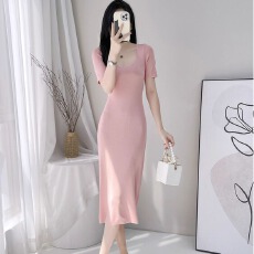 批发纯欲风性感修身<b class='q'>中长款</b>包臀裙子清新夏季新款紧身短袖针织连衣裙子