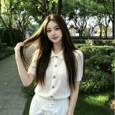 批发复古翻领上衣女2026夏季新款时尚<b class='q'>针织</b>镂空polo领短袖薄款外穿开衫