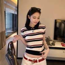 批发2026年夏季经典条纹 polo领撞色<b class='q'>针织</b>衫短袖t恤修身显瘦上衣