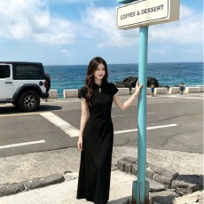 批发新中式国风短袖条纹针织裙女装2026年夏季气质遮肚显瘦修身连衣裙