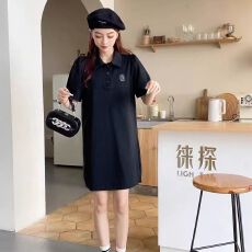 批发夏季新款polo领ins减龄百搭翻领<b class='q'>泡泡袖</b>遮肉条纹C字母休闲连衣短裙