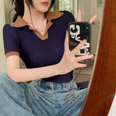 批发法式高级感气质polo衫女夏季撞色V领短袖冰丝上衣<b class='q'>修身</b>内搭针织衫