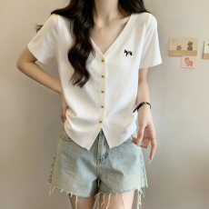 批发简约风V领不规则掐腰小马刺绣开衫上衣女夏季韩版减龄百搭短袖t恤