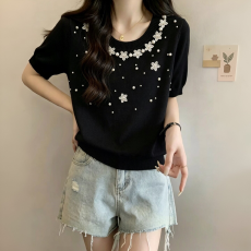 批发复古小香风钉珠立体花朵短袖针织衫女夏季宽松设计感小众休闲上衣
