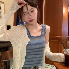 批发2026年夏撞色小吊带背心打底衫+薄款长袖<b class='q'>开衫</b>短款<b class='q'>针织</b>小衫两件套