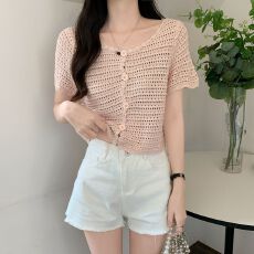 批发单排扣镂空短款针织<b class='q'>开衫</b><b class='q'>女</b>夏季2063新款休闲显瘦短袖T恤上衣潮ins