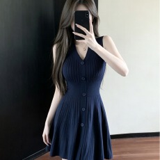 批发夏季法式V领无袖针织<b class='q'>连衣裙</b>女收腰显瘦A字裙小个子减龄外穿背心裙