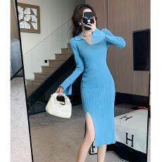 批发温柔风v领针织连衣裙女秋冬长袖<b class='q'>修身</b>开叉显瘦收腰内搭包臀裙子