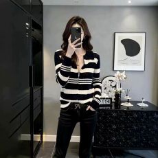 批发polo领条纹拉链针织开衫女士<b class='q'>春</b>秋小个子气质修身百搭长袖打底上衣