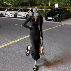 批发2026秋季新款辣妹紧身显瘦长袖鱼尾长裙子轻熟御姐<b class='q'>欧美</b>风<b class='q'>连衣裙</b>女