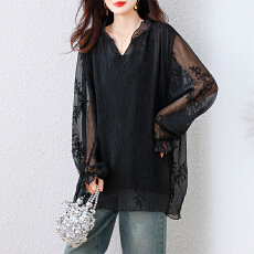 批发<b class='q'>大码</b><b class='q'>女装</b>2026春装新款中长款蕾丝绣花<b class='q'>长袖</b>宽松打底上衣