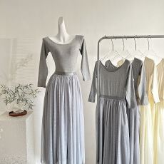 批发从一时刻【miu系芭蕾】一字肩网纱<b class='q'>连衣裙</b>女初秋氛围感穿搭长裙子