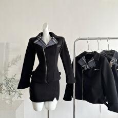 批发小诺本人高级感<b class='q'>修身</b>外套秋冬收腰拼色短西装高腰包臀裙套装