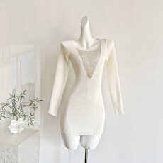 批发Hotdog 热狗很辣晚宴流光白色针织打底外穿拼接设计感<b class='q'>连衣裙</b>