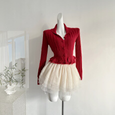 批发迟<b class='q'>伞</b><b class='q'>伞</b>25/fw雪松温庭 vintage翻领木耳边羊毛针织两色皱皱白长<b class='q'>裙</b>