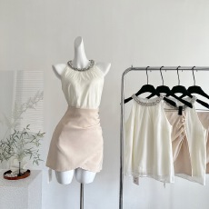 批发JustQin金秘书法则新款镶钻<b class='q'>雪纺</b><b class='q'>上衣</b>高腰<b class='q'>半身裙</b>两件套装裙女