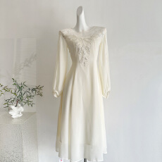 批发Sun雅乔【月落无声】春装长袖清冷感钉珠亮片网纱拼雪纺连衣长裙